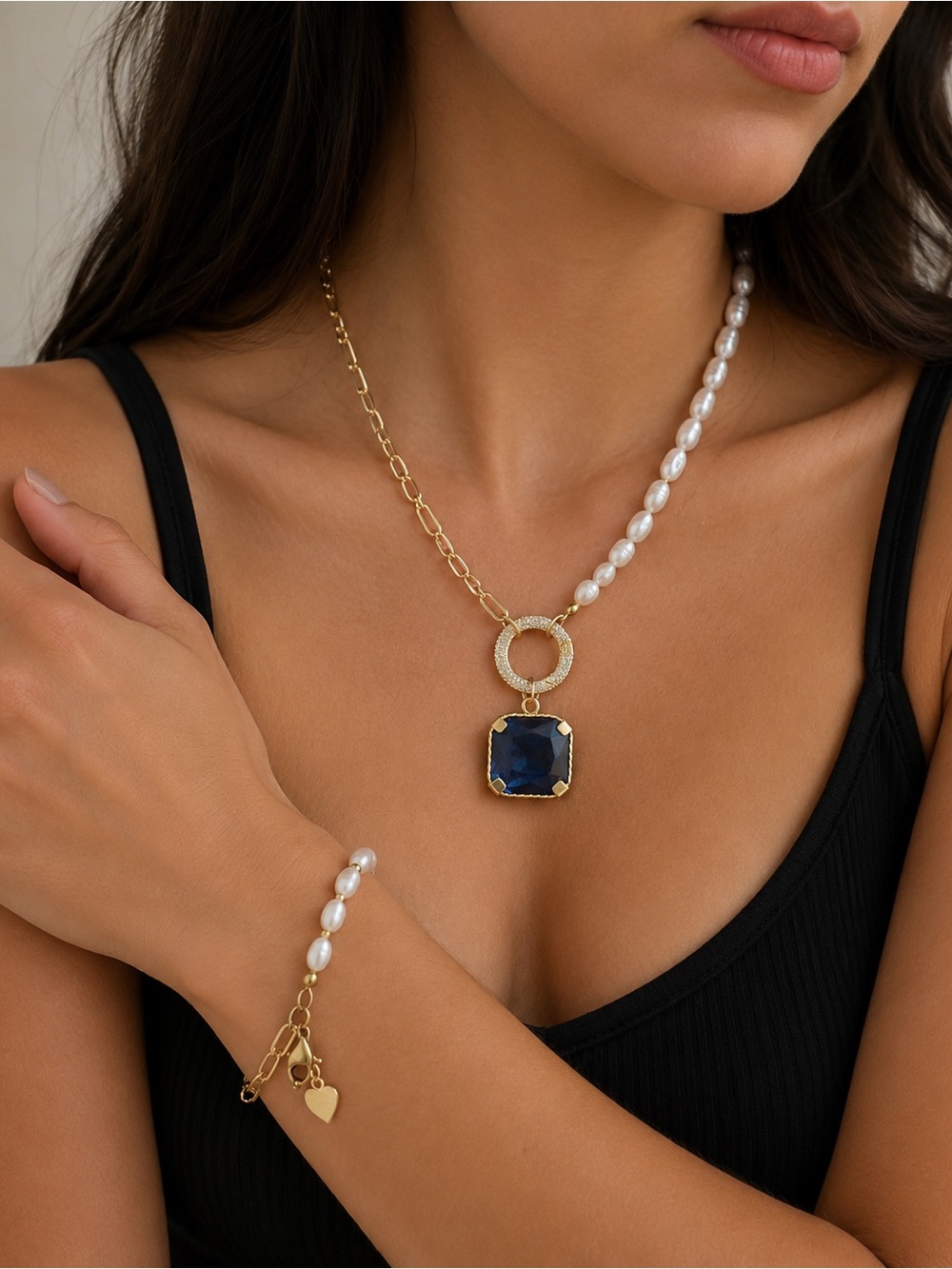Blue Pendant Gold & Pearl Costume Jewelry Set